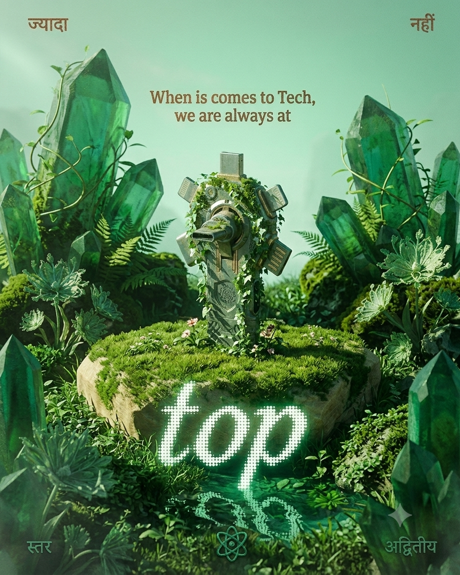 Moss-covered tech totem among emerald crystals and lush greenery