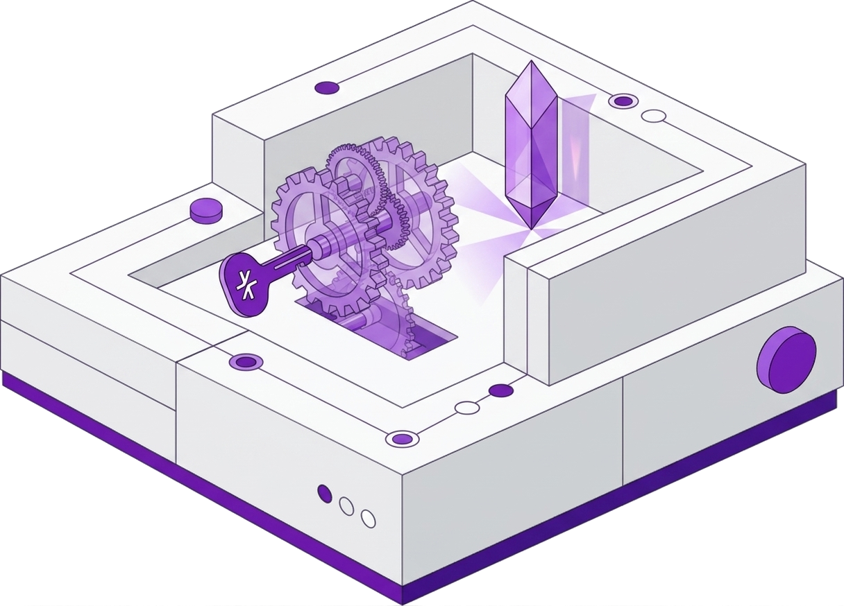 Isometric purple gears and glowing crystal representing efficient automation