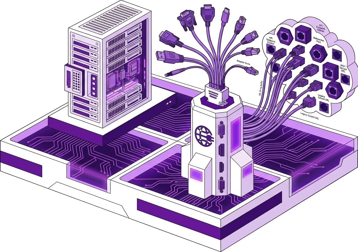 Isometric universal connector linking databases, SSH, cloud APIs, and legacy systems