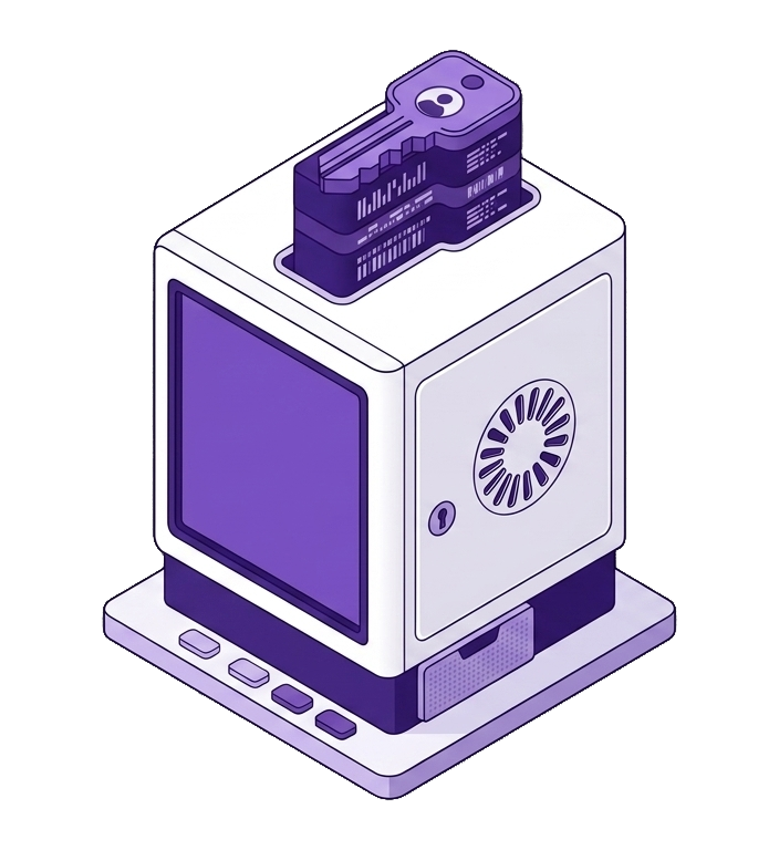 Isometric illustration of a purple key inserted into a secure local vault machine